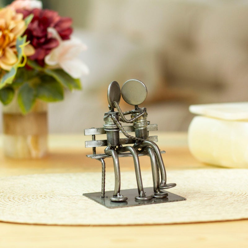 NOVICA Recycled Auto Parts Romantic Metal Sculpture, 4.7" Tall 'Park Bench Sweethearts' - Image 2